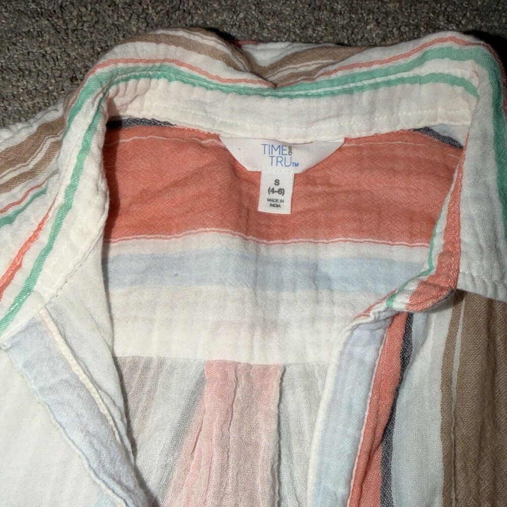Gauze Beachy Striped Peach Cotton Shirt Collar Semi Button Down Woman Small
